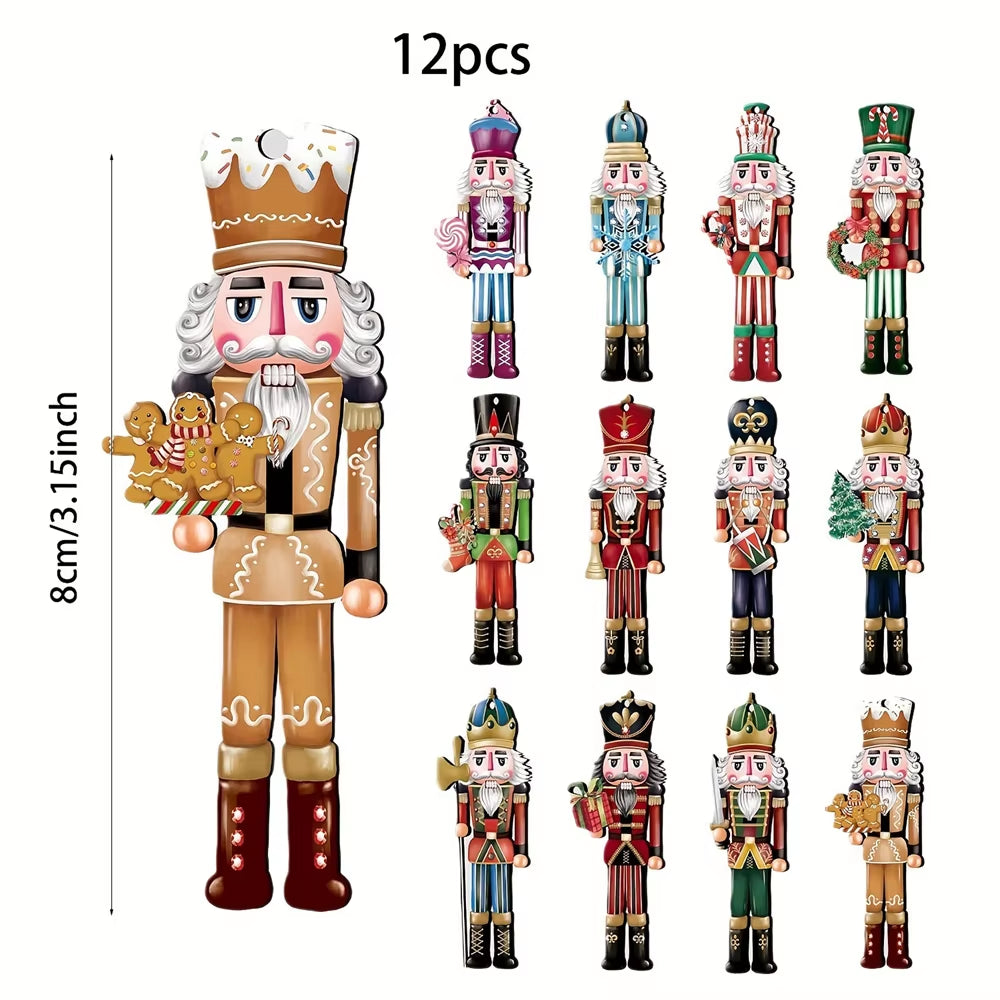 12Pcs Christmas Nutcracker Soldier Wooden Pendant Xmas Tree Hanging Ornament 2024 Navidad Decoration for Home 2025 New Year Gift