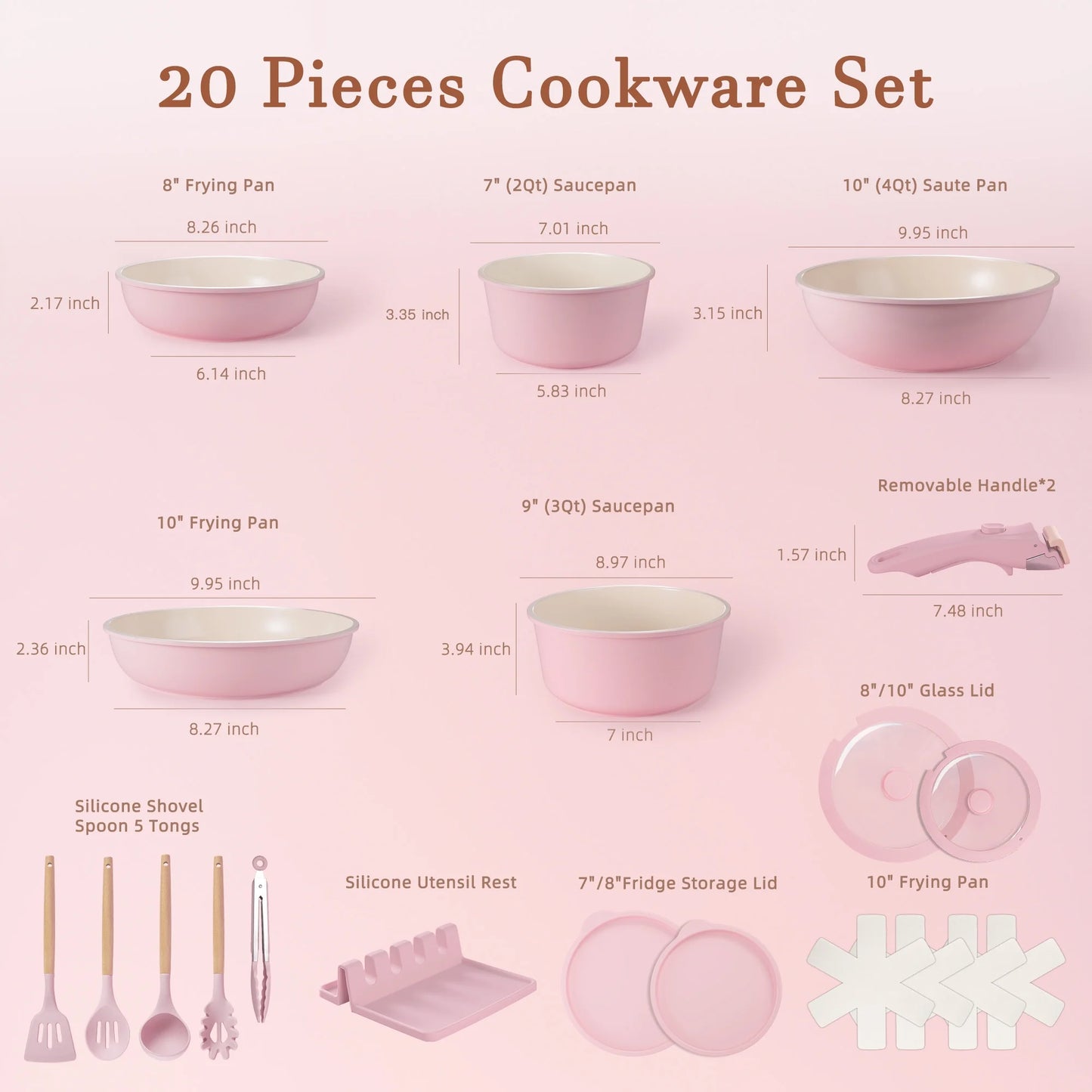 20-Piece Ceramic Pots and Pans Set, Nonstick Cookware Set with Detachable Handles, Oven Safe to 480°F, Induction Compatible, Stackable RV Kitchen Cooking Set, Pink