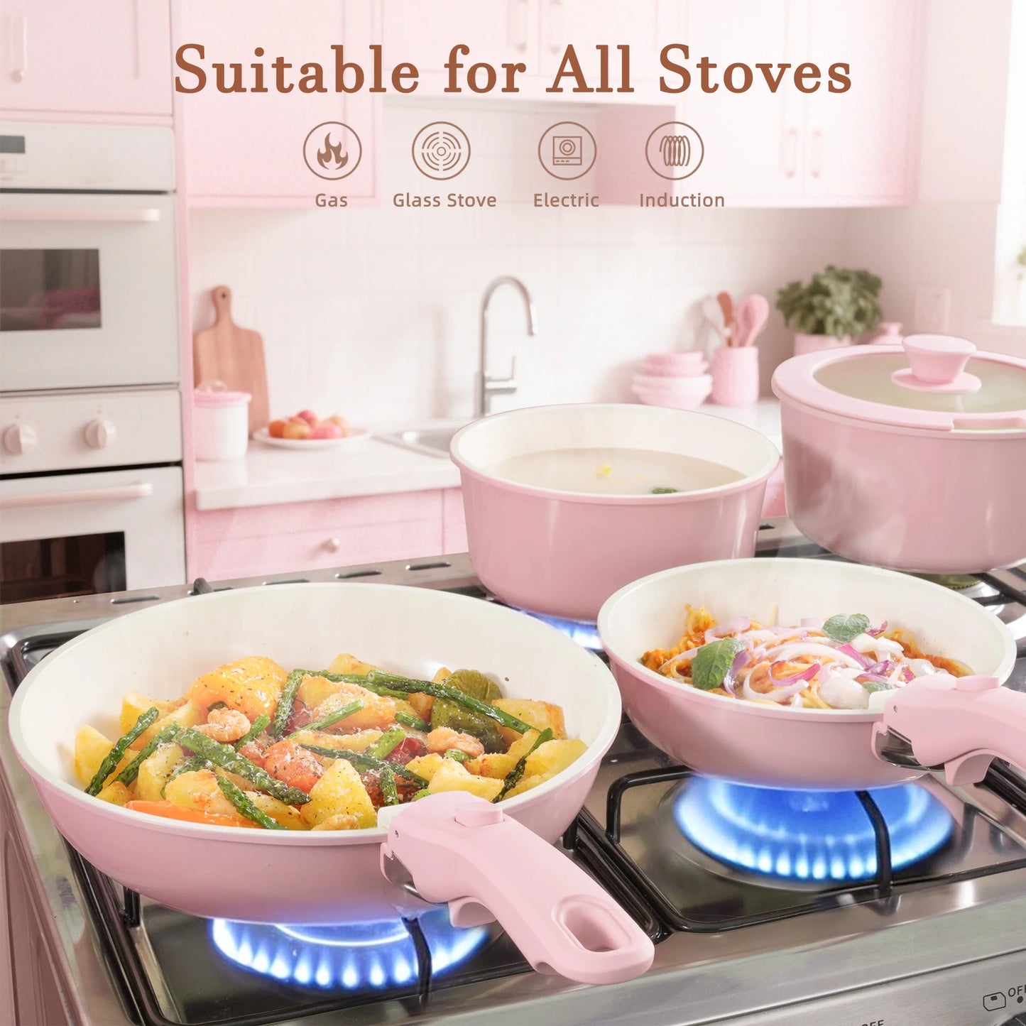 20-Piece Ceramic Pots and Pans Set, Nonstick Cookware Set with Detachable Handles, Oven Safe to 480°F, Induction Compatible, Stackable RV Kitchen Cooking Set, Pink