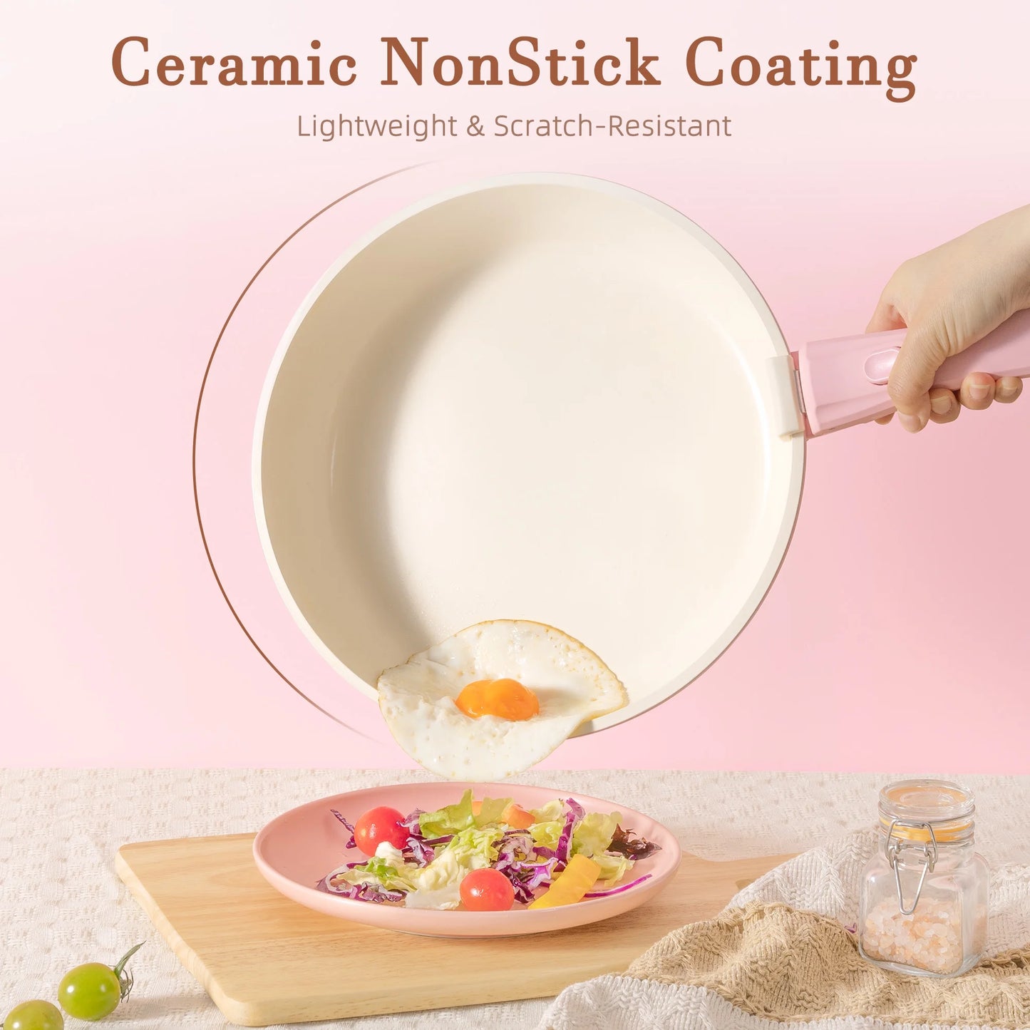 20-Piece Ceramic Pots and Pans Set, Nonstick Cookware Set with Detachable Handles, Oven Safe to 480°F, Induction Compatible, Stackable RV Kitchen Cooking Set, Pink