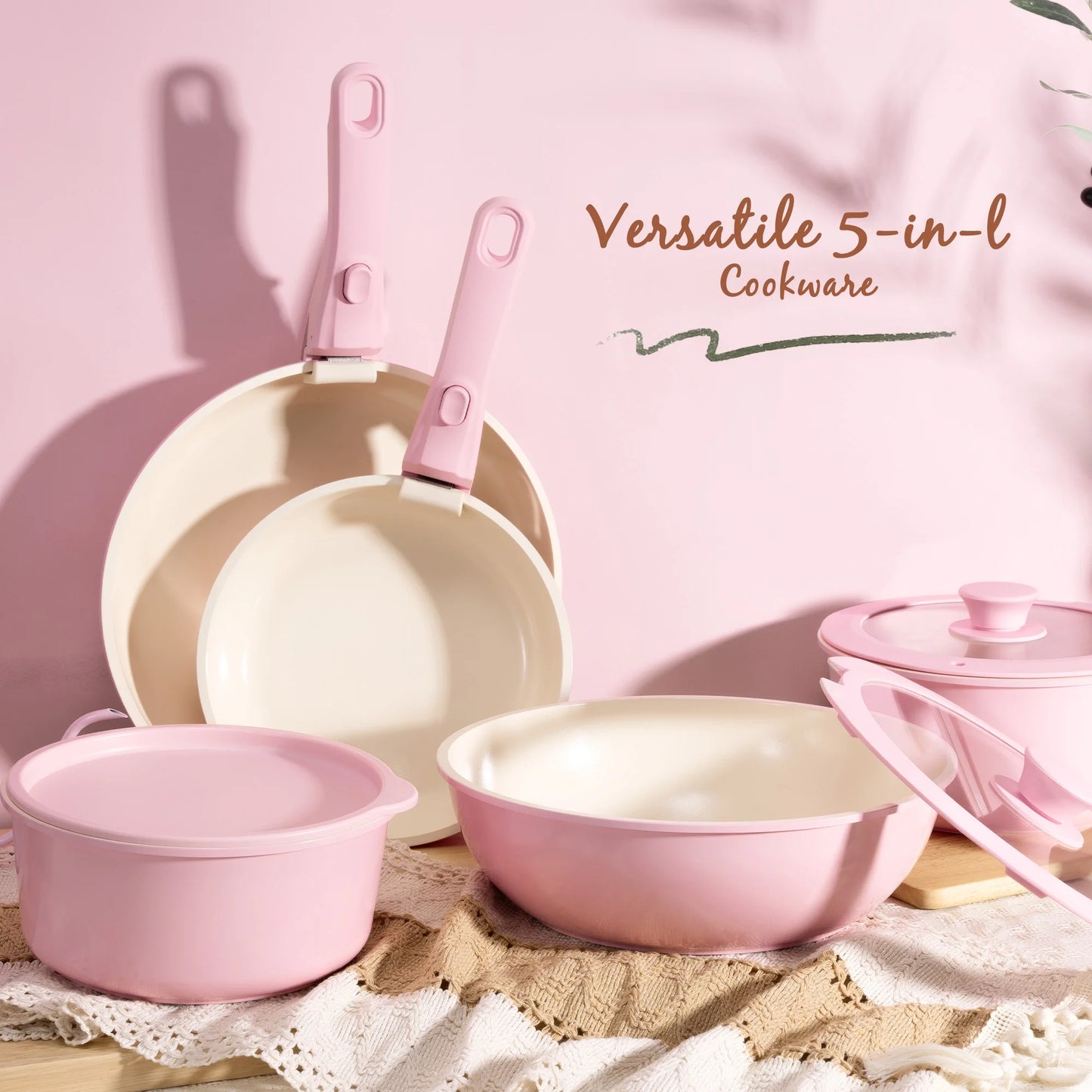 20-Piece Ceramic Pots and Pans Set, Nonstick Cookware Set with Detachable Handles, Oven Safe to 480°F, Induction Compatible, Stackable RV Kitchen Cooking Set, Pink