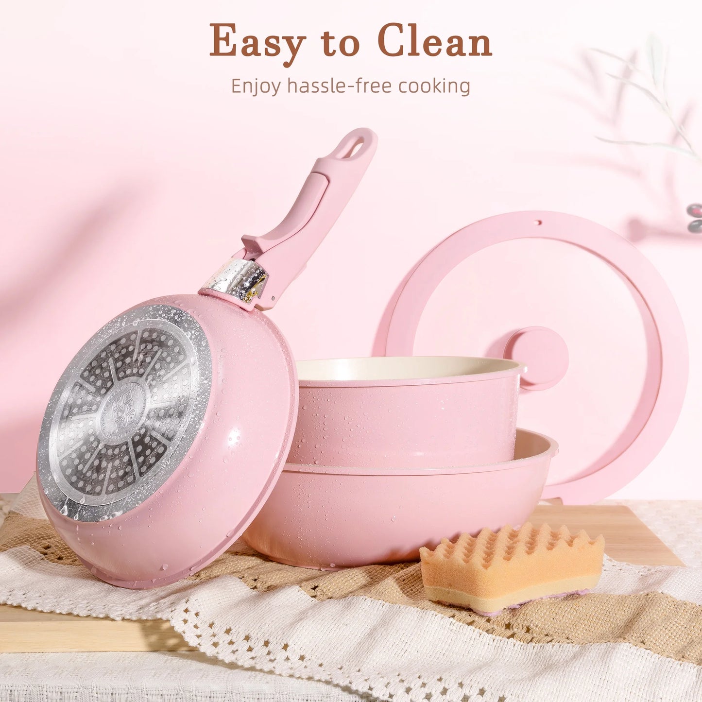 20-Piece Ceramic Pots and Pans Set, Nonstick Cookware Set with Detachable Handles, Oven Safe to 480°F, Induction Compatible, Stackable RV Kitchen Cooking Set, Pink