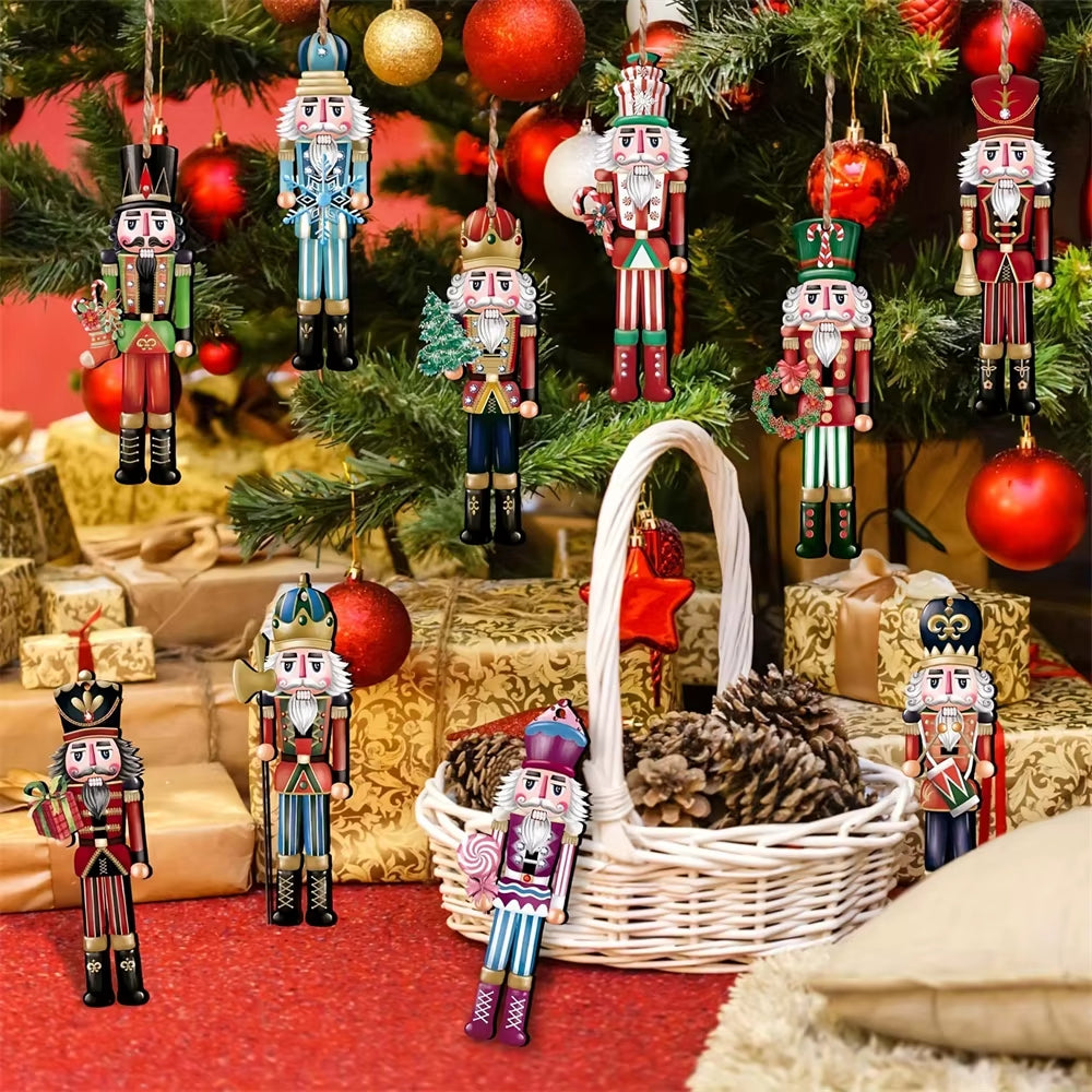 12Pcs Christmas Nutcracker Soldier Wooden Pendant Xmas Tree Hanging Ornament 2024 Navidad Decoration for Home 2025 New Year Gift