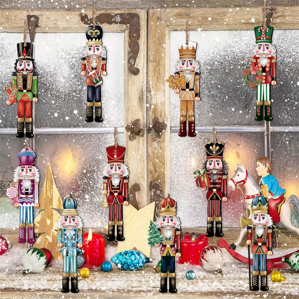 12Pcs Christmas Nutcracker Soldier Wooden Pendant Xmas Tree Hanging Ornament 2024 Navidad Decoration for Home 2025 New Year Gift