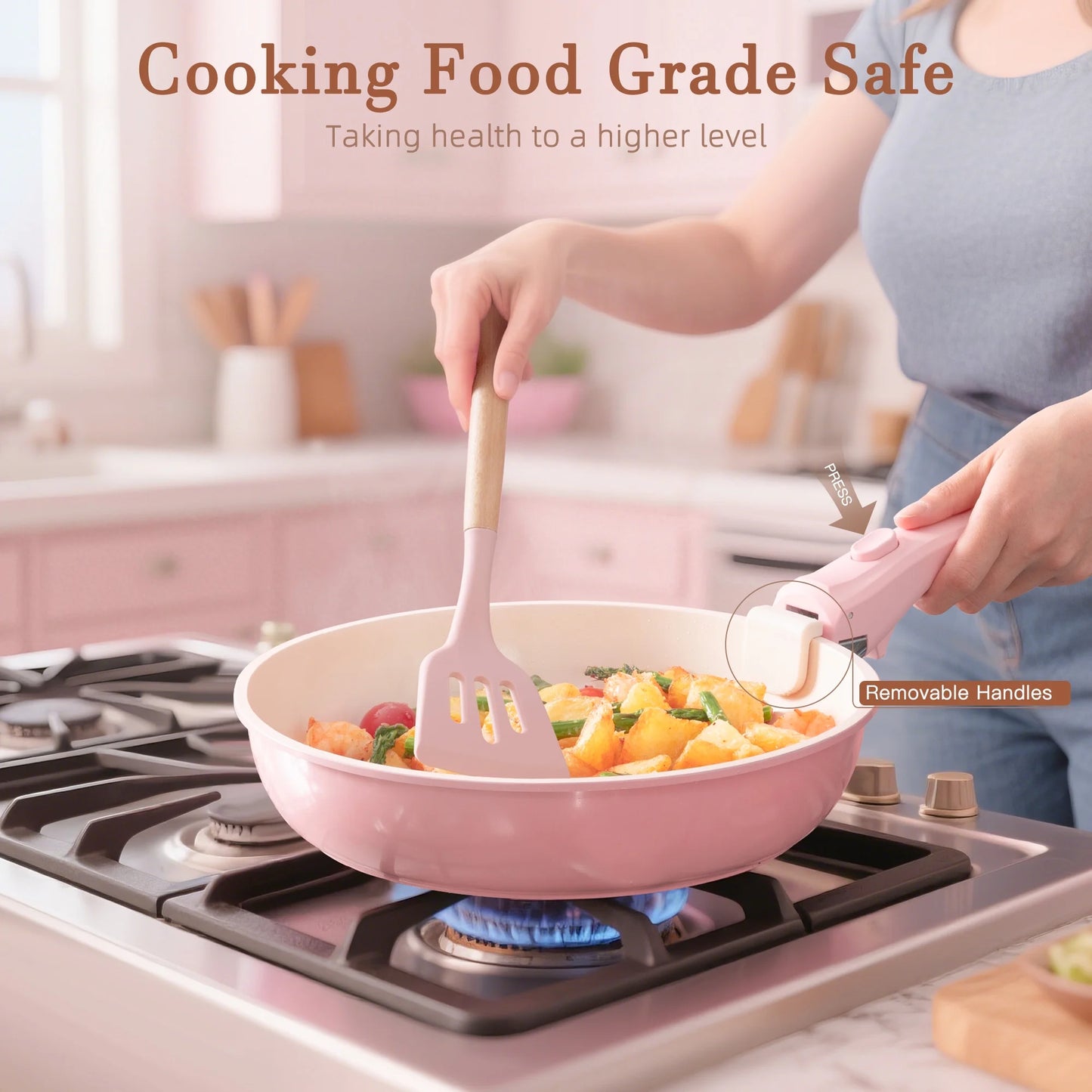 20-Piece Ceramic Pots and Pans Set, Nonstick Cookware Set with Detachable Handles, Oven Safe to 480°F, Induction Compatible, Stackable RV Kitchen Cooking Set, Pink