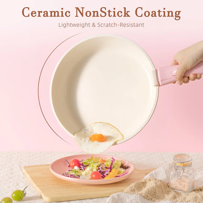 20-Piece Ceramic Pots and Pans Set, Nonstick Cookware Set with Detachable Handles, Oven Safe to 480°F, Induction Compatible, Stackable RV Kitchen Cooking Set, Pink