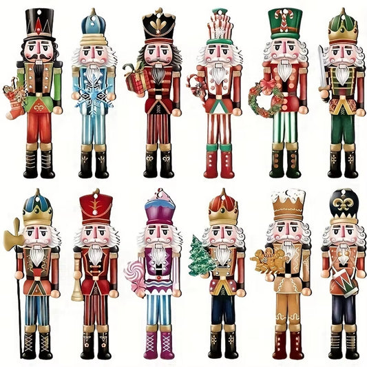 12Pcs Christmas Nutcracker Soldier Wooden Pendant Xmas Tree Hanging Ornament 2024 Navidad Decoration for Home 2025 New Year Gift