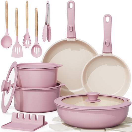 20-Piece Ceramic Pots and Pans Set, Nonstick Cookware Set with Detachable Handles, Oven Safe to 480°F, Induction Compatible, Stackable RV Kitchen Cooking Set, Pink